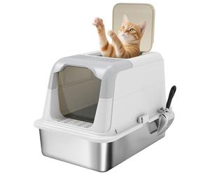 PawHut Stainless Steel Litter Box with Lid, Extra Large Hooded Cat Litter Tray for Big Cats with Front-Entry and Top-Exit, Metal Scoop, Deodorizer Bag, Non-Sticky, Odour Control and Easy Clean