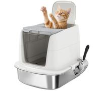 PawHut Stainless Steel Litter Box with Lid, Large Hooded Cat Litter Tray with Flip Cover, Metal Scoop, Deodoriser Bag, Non-Sticky, Odour Control and Easy Clean, White