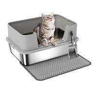 PawHut One Size Grey Stainless Steel High Sided Cat Litter Tray with Scoop