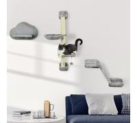 PawHut Three-Piece Wall-Mounted Cat Shelves, with Hammock, Cloud-Shaped Jumping Platform, Ladder, Scratching Post, Cat Wall Furniture with Play Ball for Large Cats - Grey Grey