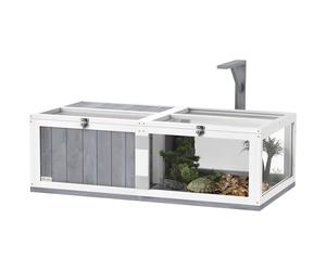 PawHut Tortoise House with Lamp Holder, Wooden Tortoise Enclosure with Clear Observation Windows, Openable Tops, Built-in Tray, Two-Room Turtle Table for Indoor Use, Light Grey