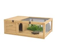PawHut Tortoise House with Mesh Roof, Small Reptile Wooden House, Tortoise Enclosure with Removable Side Panel, for Indoor - Light Yellow