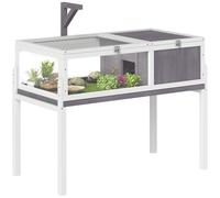 PawHut Tortoise House Wooden Tortoise Cage Indoor w/Dual-Zone Habitat Grey