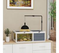 PawHut Tortoise House, Wooden Tortoise Table, Tortoise Enclosure with Adjustable Lamp Holder, Openable Lids, Pull-Out Trays - Grey