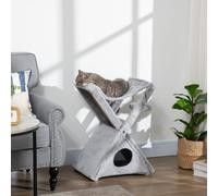 PawHut Two Tier Cat Tree for Indoor Cats Play Rest Activity Tower Plush Folding Relax Center w/ Scratching Post Hammock Pom Poms Grey Grey