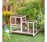 PawHut Two-Tier Rabbit & Guinea Pig Hutch with Wheels, Enclosed Run, Fir Wood - Brown/White - D51-125BN