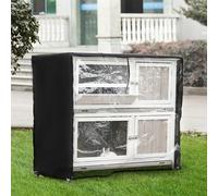 PawHut Two-Tier Wooden Rabbit Hutch w/ Wheels, Trough, Rain Cover, Tray - Grey