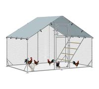 PawHut Walk-in Chicken Run, Galvanised Chicken Coop with Water-Resistant and UV-Resistant Cover, Feeding Door, Hanging Feeder, Perch, Hen Poultry House, for 6-8 Chickens, Ducks, Rabbits, Geese Silver