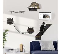 PawHut Wall-Mounted Cat Tree, 5 Piece Cat Wall Shelves with House, Brown