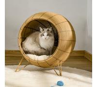 PawHut Wicker Cat Bed, Elevated Rattan Kitten Basket, Pet Den House, Cosy Cave, with Soft Cushion, Φ52 x 58 cm, Light Brown