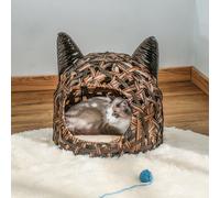 PawHut Wicker Cat Bed Rattan Kitten Basket Pet Den. House Cozy Cute-shaped Cave with Soft Cushion Brown