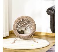 PawHut Wicker Cat House - Ball-Shaped Rattan Raised Cat Bed - Natural Wood Finish | TJ Hughes