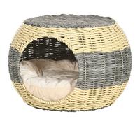 Pawhut Wicker Cat House, Cosy Kitten Cave With Soft Washable Cushion, Φ40 X 30 In Beige Beige