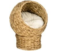 PawHut Wicker Cat House, Raised Cat Bed, 40 x 37 x 51 cm Brown | Cylindrical Base, Soft Washable Cushion, Woven Water Hyacinth Kitten Basket for Indoor Outdoor
