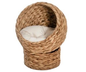 PawHut Wicker Cat House, Raised Cat Bed, 40 x 37 x 51 cm Brown | Cylindrical Base, Soft Washable Cushion, Woven Water Hyacinth Kitten Basket for Indoor Outdoor