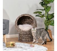 PawHut Wicker Cat House w/ Cushion - Dark Brown, Brown