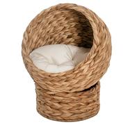 PawHut Wicker Cat House, Raised Cat Bed with Cylindrical Base, Soft Washable Cushion, Woven Water Hyacinth Cat Basket for Indoor and Outdoor, 42 x 33 x 52 cm - Brown