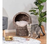 PawHut Wicker Cat House, Raised Cat Bed with Cylindrical Base, Soft Washable Cushion, Woven Water Hyacinth Cat Basket for Indoor and Outdoor, 42 x 33 x 52 cm - Dark Brown