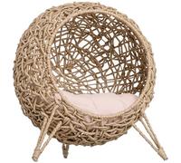 PawHut Wicker Cat House, Rattan Elevated Cat Bed with Three Tripod Legs, Ball-Shaped Cat Basket with Cushion - Natural Wood Finish