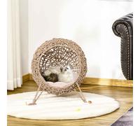 PawHut Wicker Cat House, Rattan Elevated Cat Bed with Three Tripod Legs, Ball-Shaped Cat Basket with Cushion - Natural Wood Finish Wood