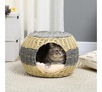PawHut Wicker Cat House - Rattan Raised Cat Bed w/ Soft Cushion - ?40 x 30cm | TJ Hughes
