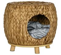 PawHut Wicker Cat House Stool for Rest, Rattan Kitten Bed for Indoor and Outdoor Use, Elevated Pet Bed with Soft Washable Cushion 44 x 43 x 41 cm