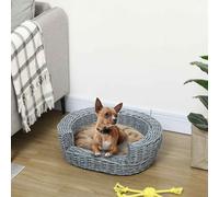 PawHut Wicker Pet Bed Willow Dog Cat Sofa Couch Puppy Basket with Cushion Grey 57L x 46W x 17.5H cm Grey