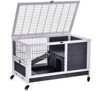 PawHut Rabbit Cages, Guinea Pig Hutch w/ Roof & Wheels, No-Leak Tray, White