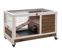 PawHut Wood Indoor Rabbit Hutch Elevated 2-Floor Guineas Pigs Cage w/ Wheels | TJ Hughes Brown