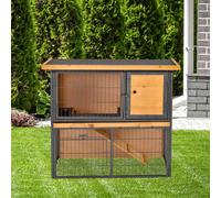 PawHut Wood-metal Rabbit Hutch Guinea Pig Hutch Elevated Pet House Bunny Cage with Slide-Out Tray Openable Roof Outdoor 89.5 x 45 x 81cm Light Yellow
