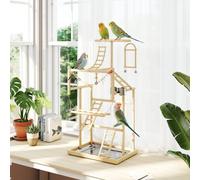 PawHut Parrot Play Stand 95 cm Wooden with Ladders, Chain Toy for Finches | Bird Playground, Stainless Steel Cups, Tray, Bird Cage Accessories, for Parakeets, Cockatiels, Lovebirds, Budgie, Indoor Use