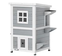 PawHut Wooden Cat House 2-Floor Outdoor Kitten Shelter with 3 Doors and Window Grey