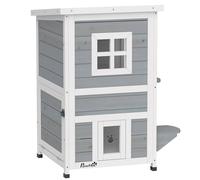 PawHut Wooden Cat House 2-Floor Outdoor Kitten Shelter with 3 Doors and Window Grey