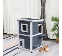 PawHut Wooden Cat House 2-Floor Outdoor Kitten Shelter with Window Grey