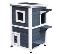 PawHut Wooden Cat House 2-Floor Outdoor Kitten Shelter with Window Grey White