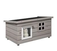 PawHut Wooden Cat House Outdoor, Elevated Cat Shelter Kennel, Pet Play House with Openable Top, Asphalt Roof, Window, Grey