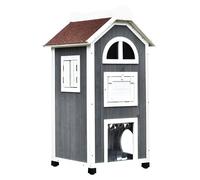 PawHut Wooden Cat House, Weatherproof Pet Shelter, Outdoor Cat Condos Cave, 2 Floor Furniture, Grey and White Aosom UK