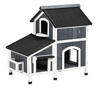PawHut Wooden Cat House, Winterproof Cat House with Multiple Entrances, 2 Floors, Cat Cave for Outdoors, Small Animal House with Asphalt Roof, Flower Box for Outdoor Garden, 96 x 65 x 85.5 cm, Grey
