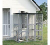 PawHut Wooden Cat House with Platforms, Cat Cage for Multiple Kittens - Light Grey - Fir Wood - 1