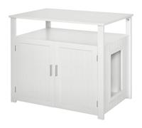 PawHut Wooden Cat Litter Box Enclosure Furniture for Nightstand, White | Adjustable Interior Wall, Large Tabletop