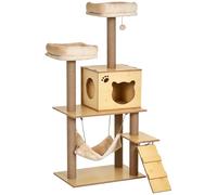 PawHut Wooden Cat Tree for Indoor Cats Climbing Tower for Large Cats with 5 Scratching Posts Hammock Toy Ball 130cm