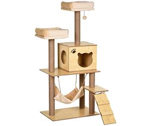 PawHut Wooden Cat Tree for Indoor Cats Climbing Tower for Large Cats with 5 Scratching Posts Hammock Toy Ball 130cm