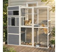 PawHut Wooden Catio with Spacious Resting Rooms, 3 Platforms, Window, Grey