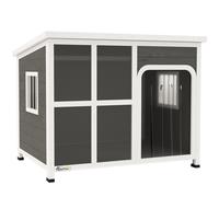 PawHut Wooden Dog House Outdoor with Asphalt Openable Top, Removable Floor, Clear Front Panel, Curtain, 103 x 77 x 83cm
