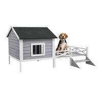 PawHut Outdoor Dog House with Porch, Wooden Dog Kennel with Water-resistant Asphalt Roof, Ladders, Fencing, Window, for Small and Medium Size, Grey