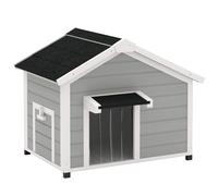 PawHut Dog House Wooden Dog Kennel Outdoor with Openable Asphalt Roof, Removable Floor, Door Curtain, Elevated Feet, for Medium Breeds, Light Grey