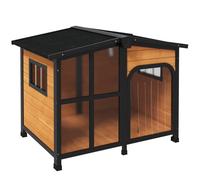 PawHut Wooden Dog Kennel, Elevated Dog house with Removable Floor, Asphalt and Openable Roof, Large Window, Outdoor Pet House Shelter for Large Dogs, Yellow