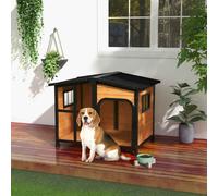 PawHut Wooden Dog Kennel, Elevated Dog House with Removable Floor, Asphalt and Openable Roof, Giant Window, Outdoor Pet House Shelter for Large Dogs, Charcoal Grey Yellow