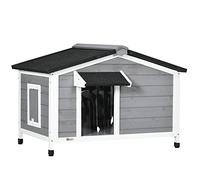 PawHut Wooden Dog Kennel Outdoor, Elevated Dog House for Outside, with Openable Top, Asphalt Roof, Windows, Curtain, Removable Tray, Adjustable Legs, 65H x 97L x 72Wcm, Grey