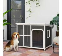 PawHut Outdoor Dog Kennel, Wooden Dog House with Asphalt Openable Top, Removable Floor, Clear Front Panel, Curtain, Windows, Dog Shelter for Small, Medium, Large Dogs, 103 x 77 x 83cm, Light Grey